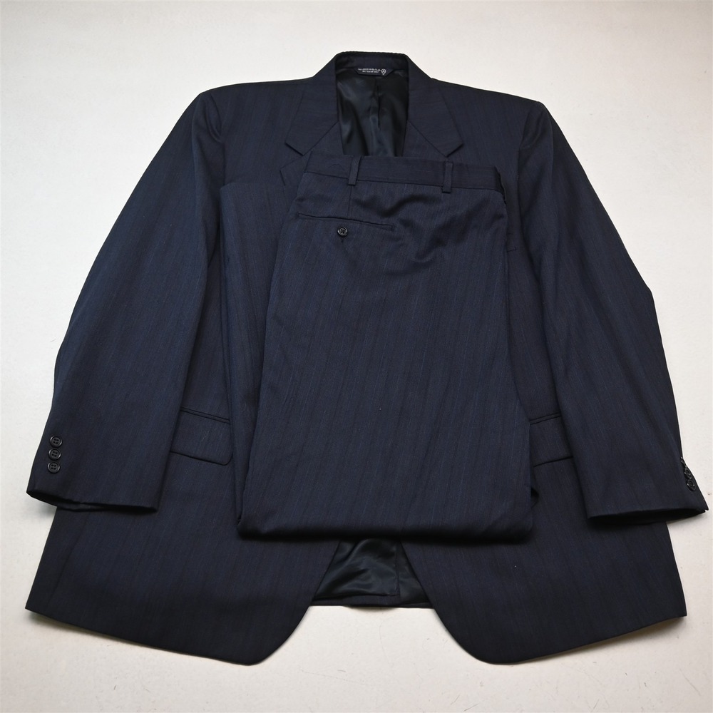 Vtg USA Made 50S 46x30 Blue Herringbone Striped Wool Mens Jacket Pants Suit